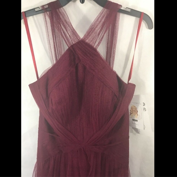 NWT‎ Hayley Paige Occasions High Neck Pleated English Net Gown Burgun [SZ 8 ] - Picture 4 of 8